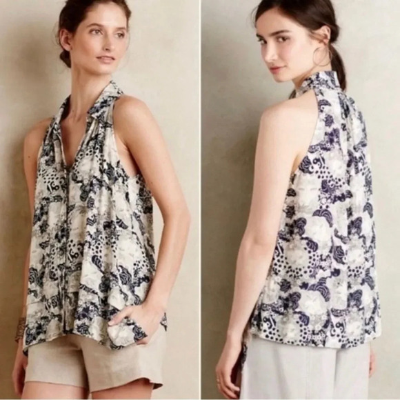 EUC Maeve halter button front top with faces Anthropologie Sz 4 - Picture 1 of 7